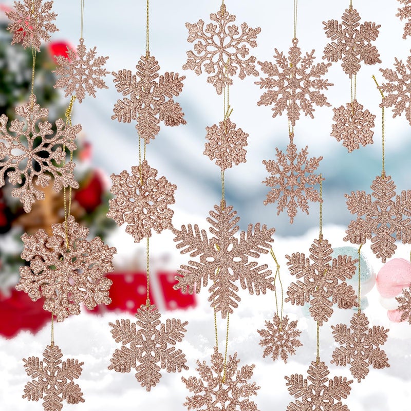 Fessary 48pcs Rose Gold Plastic Snowflake Decorations Christmas Tree Ornaments Glitter Snow Flakes Ornaments Christmas Indoor Winter Wonderland Decor?3 Sizes? 3Styles - Image 1